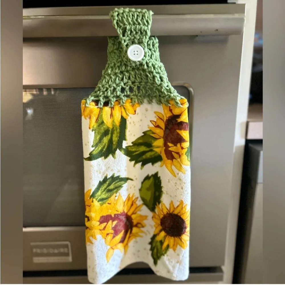 Hand Crafted Colorful Sunflowers Hanging Hand Towel Crochet Top Button Closure